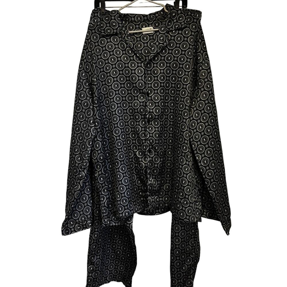 Vintage Playboy Pajama Set Black Logo Print Button Up Top Pants XL Y2K Lounge